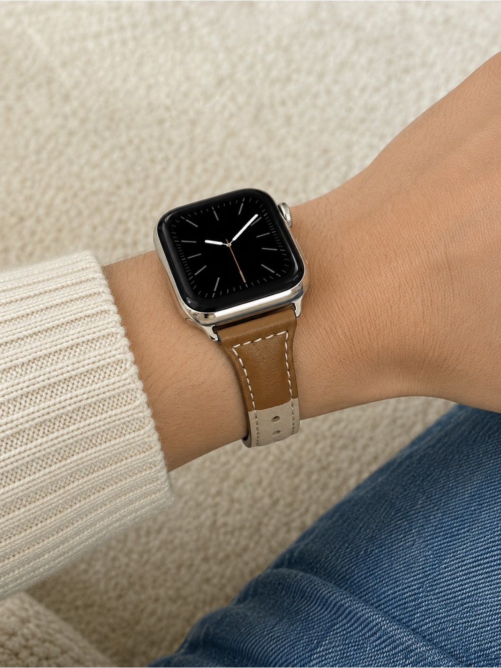 🔹 NWOT Apple Watch Three-Tone Leather Band – Teal, Camel & Ivory